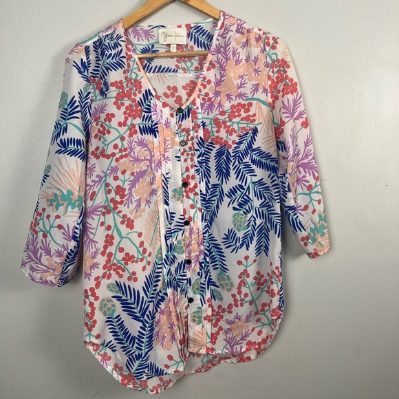 Yumi Kim Womens XS Boho Blouse White Floral Tie Sleeve Tropical Lightweight - Picture 1 of 8